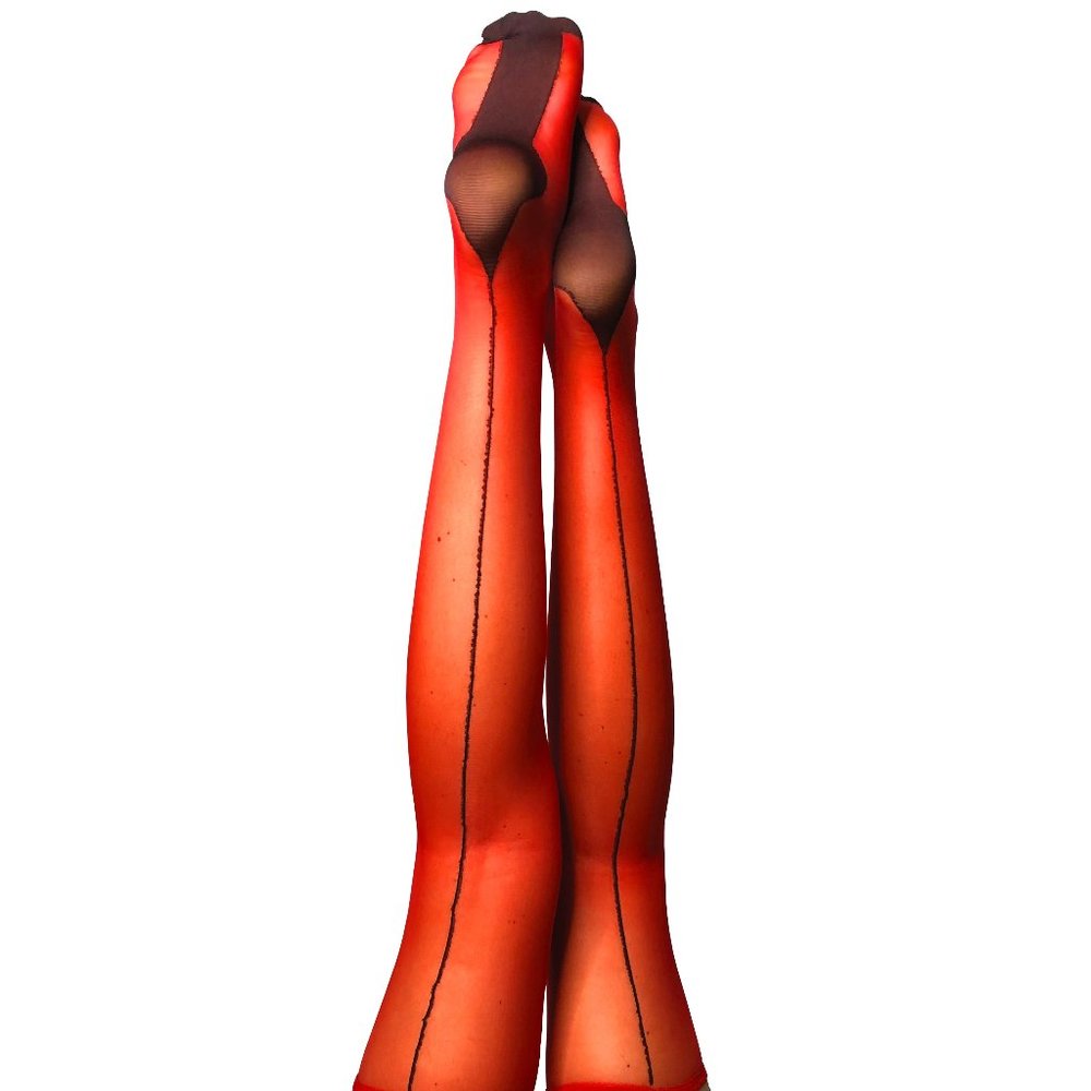 Kixies Monica Red Sheer Seamed Cuban Heel Thigh High Stockings Stay up Size B